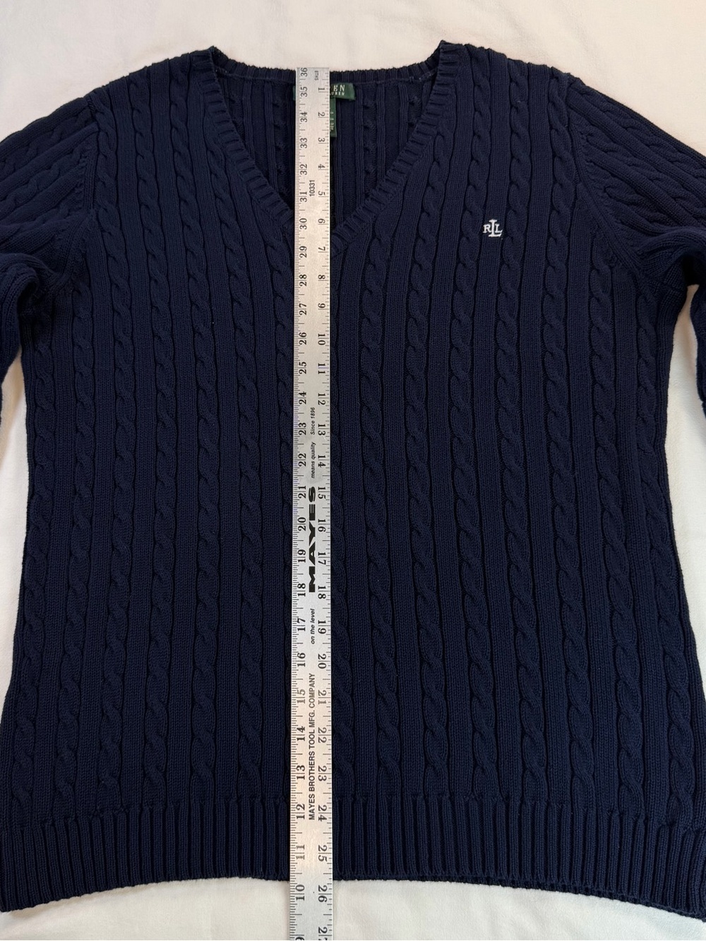 Lauren Ralph Lauren Navy Blue V-Neck Cable Knit Cotton Sweater XL - Picture 5 of 9